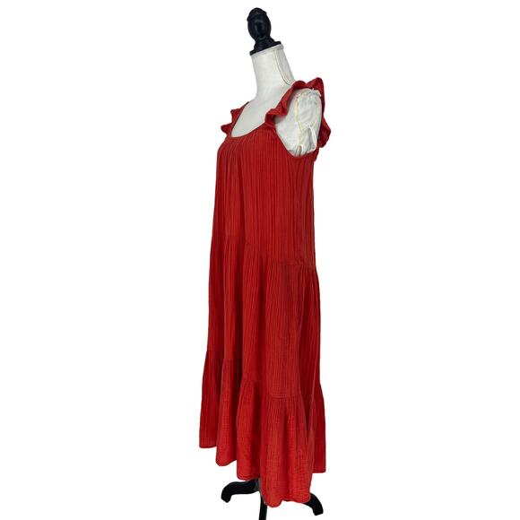 Xirena Rumer Scoop Neck Flutter Sleeve Gauze Tiered Midi Dress in Paprika - Picture 6 of 14